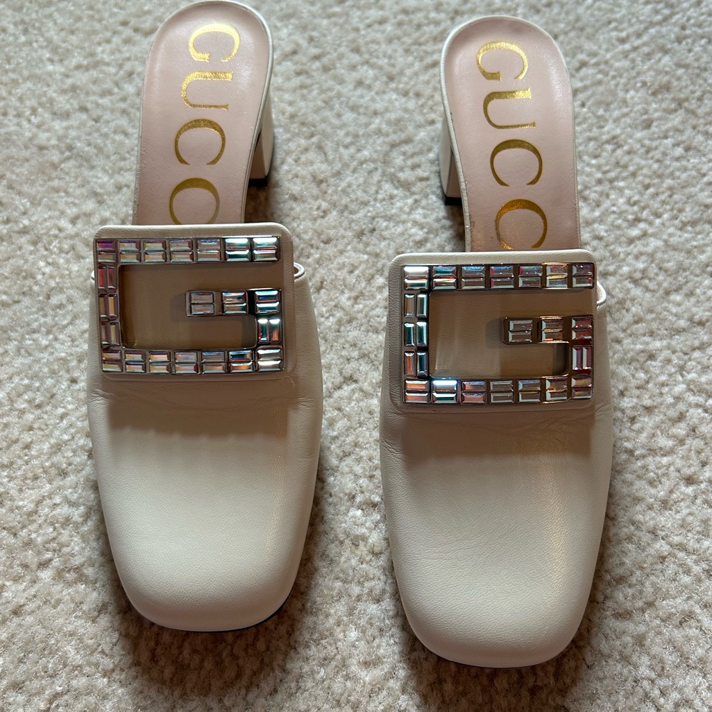 Gucci White Crystal Buckle Leather Mules
